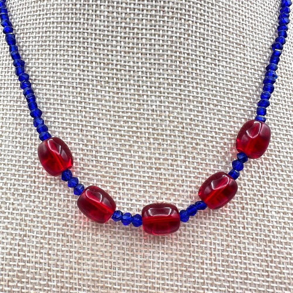 Vintage Blue Red Beaded Necklace Chunky Color Block Faceted Glass Style Retro